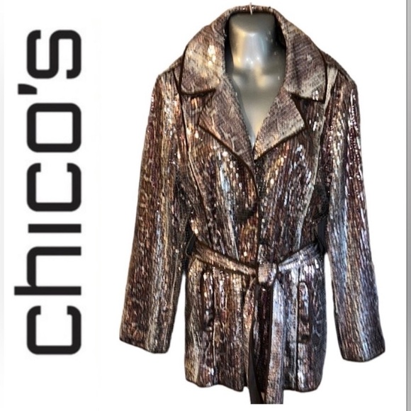 CHICO'S All Over Sequin Blazer Snap Closure with Tie Belt Jacket Size 2 Large - Picture 1 of 9
